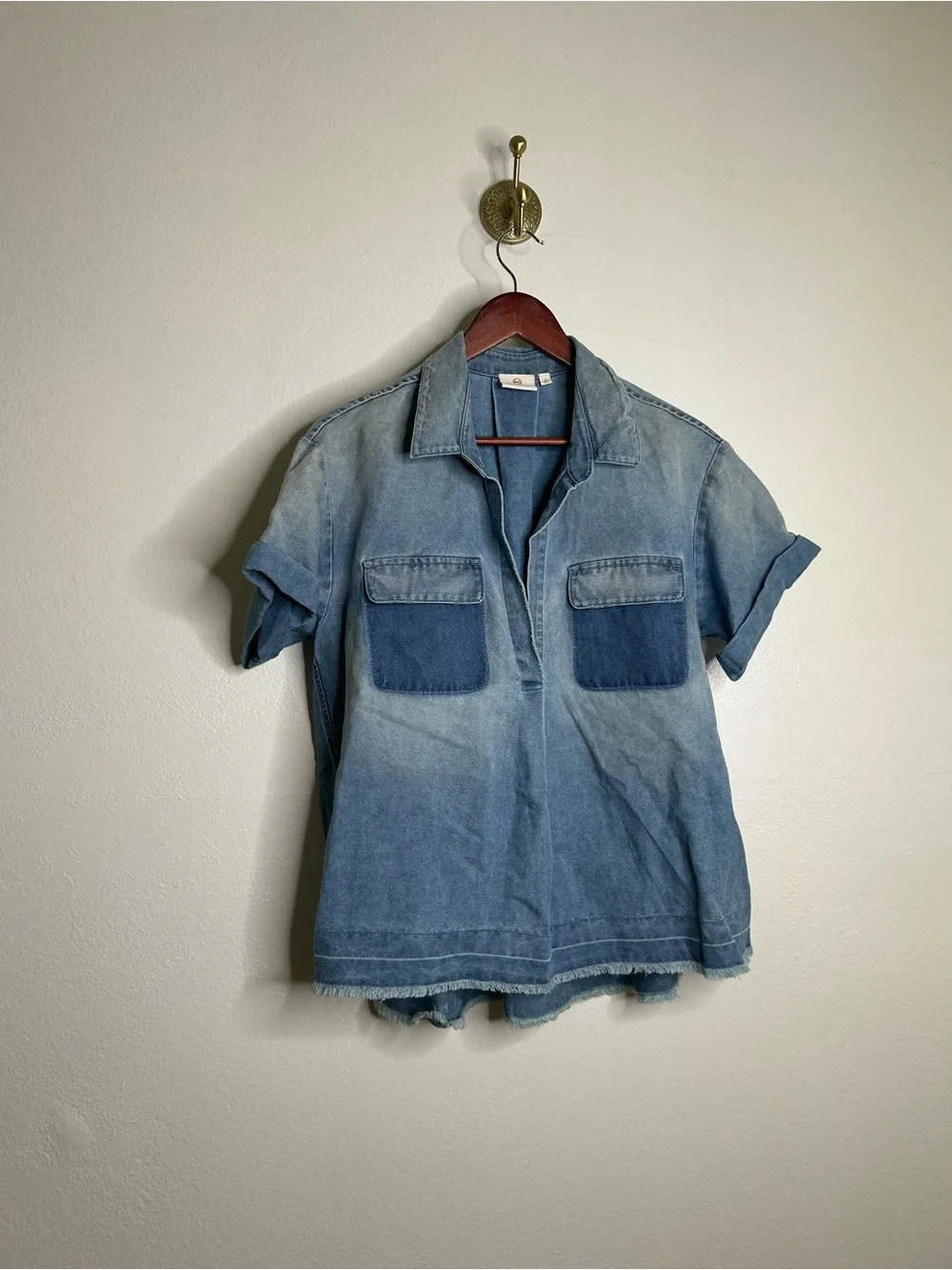 AG 100% Cotton Two Tone Denim Distressed Oversized Boxy Fit Popover Top - Picture 5 of 12